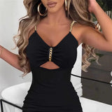 Fashionable Women's Sleeveless V-Neck Dress Hollow out Belted mid Waist Cleanfit Style Polyester Cotton Blend Skirt Dress