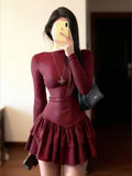 Pbong  Women's Long Sleeve Ruffled Hem Short Dress, Autumn Fashion, Slim Fit, Solid Color