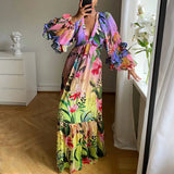 Summer New Women's Gradient Color Print Dress V-neck Sexy Slimming Lace Hemline Long Sleeve High Waist Street Style Elegant