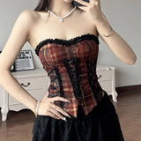 Coquette Plaid Print Tube Top Backless Bandeau Vest with Lace Trim Zipper Closure Women Streetwear Aesthetic Teen Girl Clothes