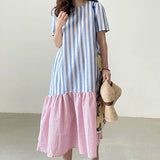 Pbong  Chic round Ne Striped Color Blo Loose Knee-Length Midi Dr Women's Frou Frou Skirt Commute Sle ort Sve Summer Dr