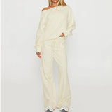 Pbong  Women Lounge 2 Pieces Outfits Solid Color Off the Shoulder Long Sleeve Loose Fit Sweatshirt Tops and Wide Leg Pants Matching Set