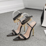 Summer  Sexy Luxury Trend Women Pumps Thin High Heel Peep Toe Ankle Lace Strap Metal Chain Decoration Ladies Shoes Female