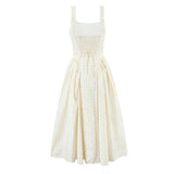 Pbong  Sexy Yellow White Plaid Square Collar Sling Midi Dress Women Cross lacing Up Back Low Waist Ruched Swing Tank Dresses Robe
