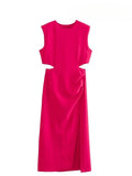 Pbong   Elegant Rose Red Party Dresses for Woman Ruched Sleeveless Split Cut Out Midi Dress Ladies Commuting Streetwear Vestido