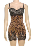 Pbong  Patchwork Printed Leopard Lace Women Mini Dress Spaghetti Strap High Waist Dress Summer Slim Elegant Party Club Dress