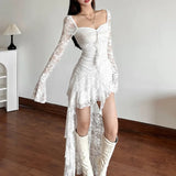 Fairycore Lace Flare Sleeve Square Neck A-line Dress Sweet E-girl Irregular Long Hem Dresses Cyber Y2K Party Vestido
