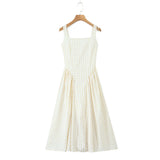 Pbong  Sexy Yellow White Plaid Square Collar Sling Midi Dress Women Cross lacing Up Back Low Waist Ruched Swing Tank Dresses Robe