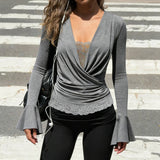 Pbong  Temperament French High Street Sexy Deep V Neck Long Sleeve Shirt Fashion Cross Pleated Design Lazy Fake 2 Piece Y2k Elegant Top
