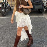 Boho Elegant Lace Skirt Women Tulle Vintage White Skirts Irregular Layered Street Summer Short Mid Skirt Korean Fashion