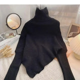 Asymmetric Knit Poncho Sweater for Women Soft Rib-knit Turtleneck Long Sleeve Pullovers Female Tops Autumn Winter Casual Outfit