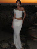 Solid Slim Long Skirt Suit For Women Slanted Shoulder Tank Top Sexy Ruched Splice High Waist Skirt Sets Summer New Ladies