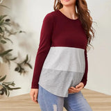 Pbong  Pregnant Women's Soft and Comfortable Round Neck T-shirt Trendy Loose Breastfeeding Striped Color Blocked Long Sleeved Top