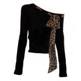 Pbong  Off shoulder Tops Y2k Bow Tied Long sleeve Leopard T Shirt Women Sexy Tight Basic Crop Top Lady Casual Black Tees Korean