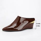 Pbong  New Designer Wedge Sandals Woman Luxury Patent Pointed Toe Heeled Slippers High Quality Mules Shoes Big Size 43