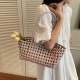 Pbong  Women's Woven Plastic Small Tote Bag Drawstring Liner Casual Summer Aesthetic Beach Shopping Daily Shoulder Bag