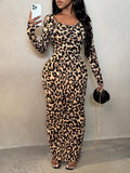 Pbong  Leopard Print Long Sleeve Bodycon Maxi Dress for Evening Party