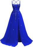 Pbong  Lace Applique Sparkly Tulle Prom Dresses for Women with Slit Spaghetti Straps Backless A Line Long Ball Gown