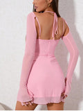 Sweet Mesh Full Sleeve Pink Dress Women Sexy Solid Backless Bandage Mini Vestido Mujer Summer Vacation Party Club Outfit