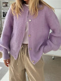 Pbong  Women's Knit Outerwear Solid Color Cardigan Fuzzy Long Sleeve Button Down Sweater Soft Knit Tops