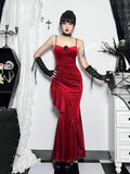 Christmas Red Velevt Dress Women Elegant Mall Goth Fairy Grunge Spaghetti Strap Rose Patchwork Trumpet Dress Partywear