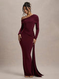 Skew Collar Long Sleeve Sexy Maxi Dress For Women Gown Fashion Backless Draped Ruched Bodycon Club Long Dress Elegant