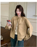 Women Faux Suede Y2K Jacket Streetwear Loose Long Sleeve Vintage Coat American Casual Harajuku Retro Stand Collar Fall Tops