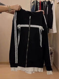 American Vintage Fashion Popular Patchwork Lace Appliques Coats Y2k Aesthetic Punk All Match Cardigan Streetwear Loose Clothing