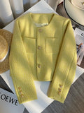 Yellow Sweet Tweed Jacket Women Elegant Retro Slim Long Sleeve Short Coat Korean O Neck Casual Fall Female Vintage Outwear