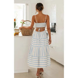 Summer New Women's Patchwork Striped Fashion Long Dress Square Collar Loose A-line Lace Up Vacation Beach Women Dresses