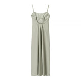 Green Backless Sexy Long Dress For Summer 2025 New High Waist Slit Square Collar Slip Dress Fashion Solid Satin Party Dress