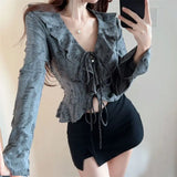 Fashion All Match Sweet V Neck Ruffle Long Flare Sleeve Clothing Harajuku Punk High Street Cardigan American Vintage Y2k Tees