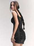 Lace See Through Sexy Mini Dress For Women Robe Spaghetti Strap Square Collar Sleeveless Ruched Bodycon Club Dress