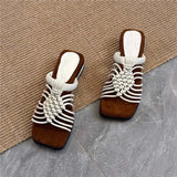 Pbong  womens Woven Thin Strap Slippers Summer New Square Toe Open Toe Cutout Breathable Non-slip Wear-resistant Low Heel Shoes