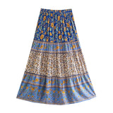 Pbong  Blue Floral Print Midi Skirt Spliced Ruched Ruffle Hem Hippie Women Tassel Bow Elastic Waist Swing Skirts Holiday