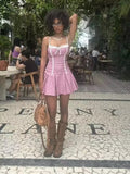 Elegant Pink Chic Mini Dresse Lace Strappy Cotton Backless Sexy Summer Party Women Y2K Vocation Casual Ladies Dress
