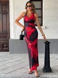 Women Neck-Mounted Maxi Dresses Summer New Streetwear Fashion Lace-up Dress Red Sexy Lady Print Backless Low Chest V-Neck Dress