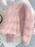 Sweet Pink Faux Lamb Coat Women Cute Slim Long Sleeve Vintage Jacket Winter Warm O Neck Elegant Korean Female Casual Tops