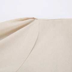 Elegant Beige Women Linen Dress Puff Sleeve Long Backless Button Dress Ladies V-Neck Cotton Dress Soft Fashion