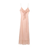 Ruffle Solid Color Pink Beige Long Dress Fashion V-neck Slim Vacation Beach Women Dress Vestidos 2025 New Summer Woman Clothing