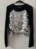 Pbong  O-neck Heavy Sequin Patchwork T-shirt For Women Spring New Black Tops Mujer Y2k Grunge Long Sleeve Slim Fit Tee Shirt