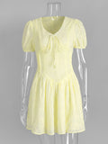Trendix Yellow Elegant Dress Women Summer Sexy Deep V Neck Lace Up Short Sleeve Dresses Street Casual Vacation Ruffle Mini Dress
