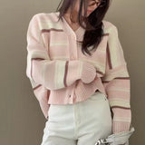 Striped Knit Cardigan Long Sleeve Button Down Boxy-fit Sweater Jacket for Women Teen-girl Korean Fashion Chic Fall Winter Outfit