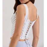 Pbong  Lace Spliced Striped Corset Camis Women Cross Lacing Up Bandage Back  Square Neck Summer Tank Top Slim Fit Crop Top