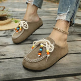 Pbong  Women New Slip-On Loafers Soft Bottom Suede Ethnic Style Flats Beaded Lace Up Casual Shoes Fashion Slippers Fashion