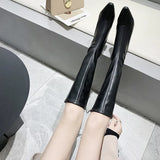 Pbong  Knee-high Square-toe Booties Women's Outerwear Autumn Winter Fashion Casual Motorcycle Boots High Heel Zipper Back Design