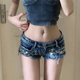 Pbong  Sexy Mini Women's Denim Shorts American Retro Y2K Rivet Decorate Skinny Short Jeans Female Korean Low-Waisted Streetwear Shorts