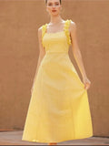 Fashion French Yellow Suspender Dress Long Dress 2025 Summer Ruflle Square Collar New Dress A-line Simple Fashion Woman Clothing