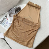 Pbong   Luxury Evening Party Golden Two-piece Skirts Sets Sexy Backless Halter Tops Korean Fashion High Waist Mermaid Skirts Suits