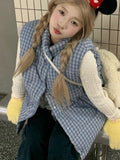 Cute Blue Plaid Puffy Vest Women Loose Vintage Sleeveless Warm Thick Winter Sweet Vest Coat Korean Preppy Style Outwear Top